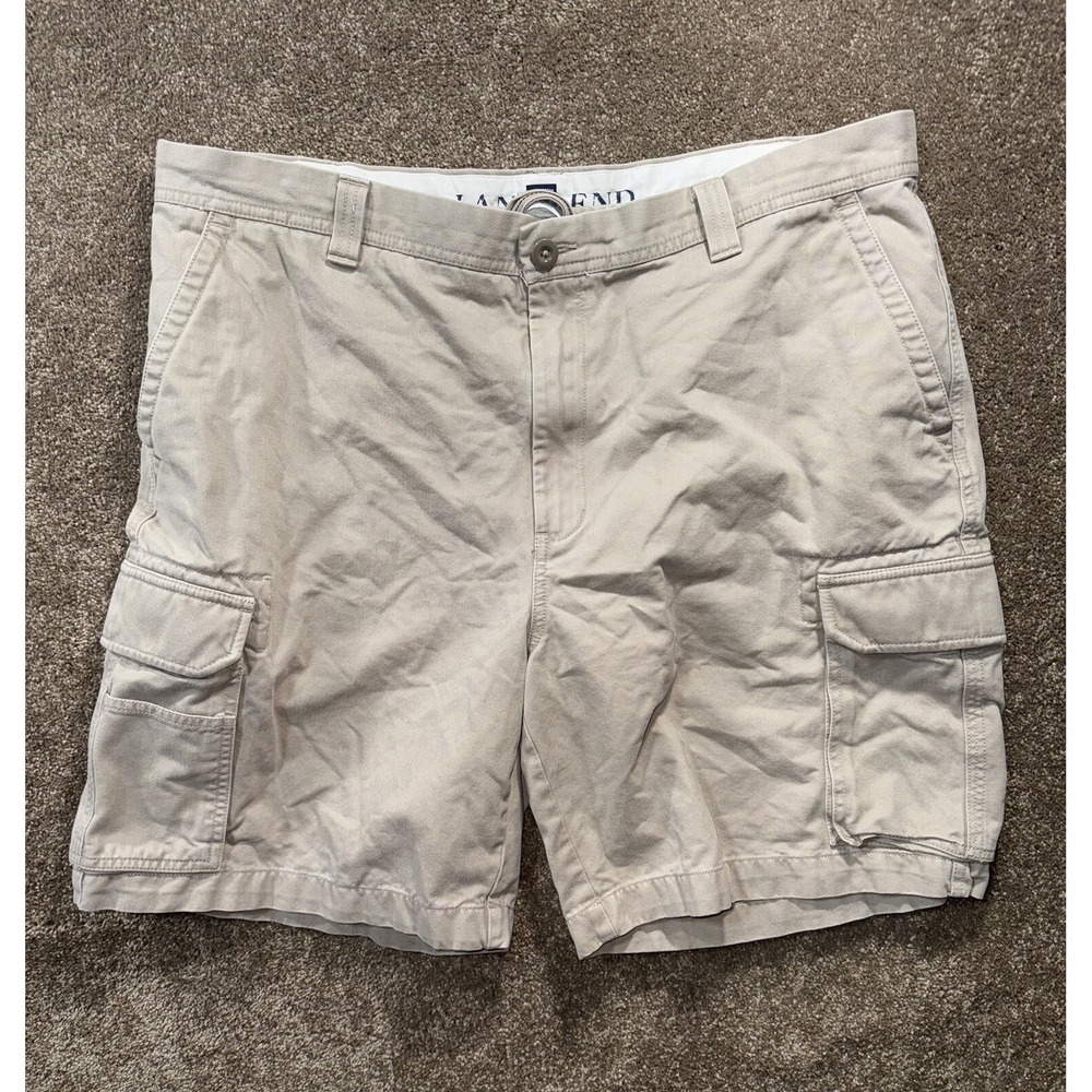 Lands End Flat Front Cargo Shorts‎ Mens Size 40 Brown Khaki Cotton Flap Pockets